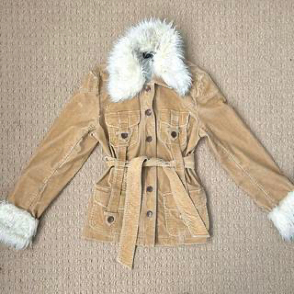 Tan corduroy y2k faux fur belted jacket